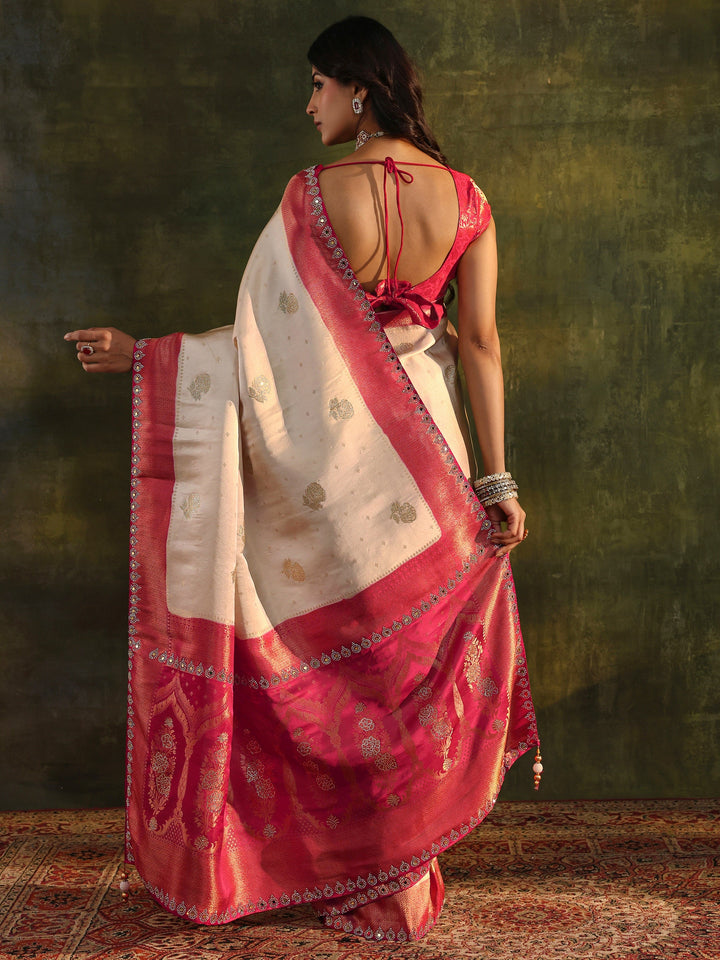 Libas Art Ivory Embellished  Silk Blend Saree With Unstitched Blouse Piece