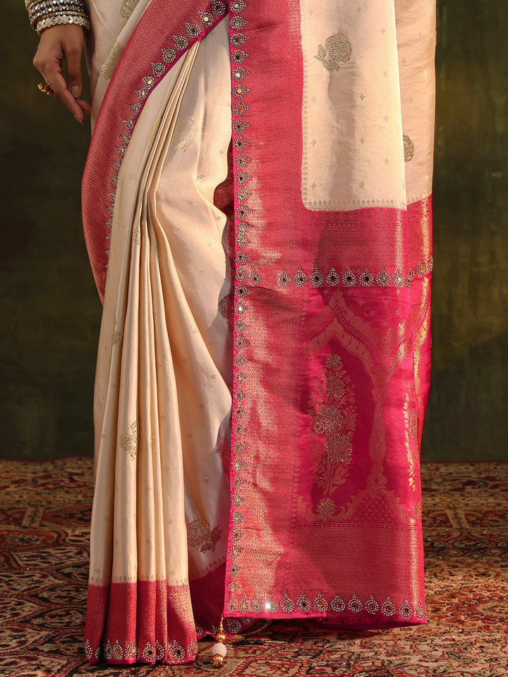 Libas Art Ivory Embellished  Silk Blend Saree With Unstitched Blouse Piece
