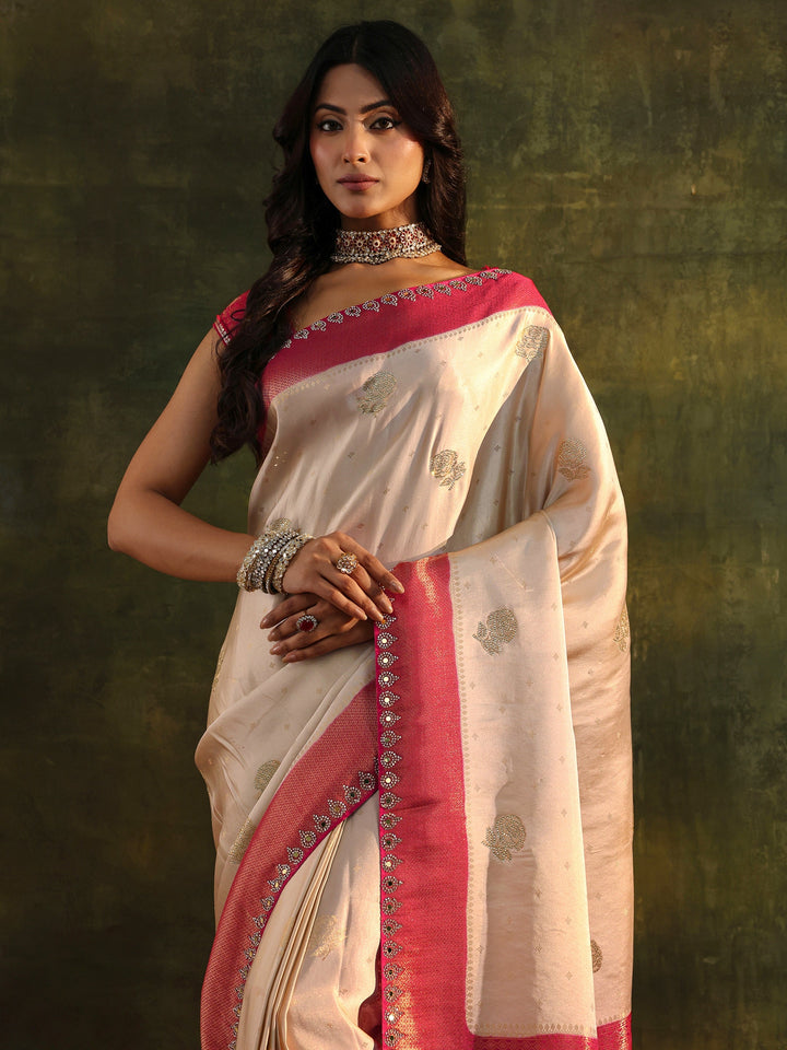 Libas Art Ivory Embellished  Silk Blend Saree With Unstitched Blouse Piece