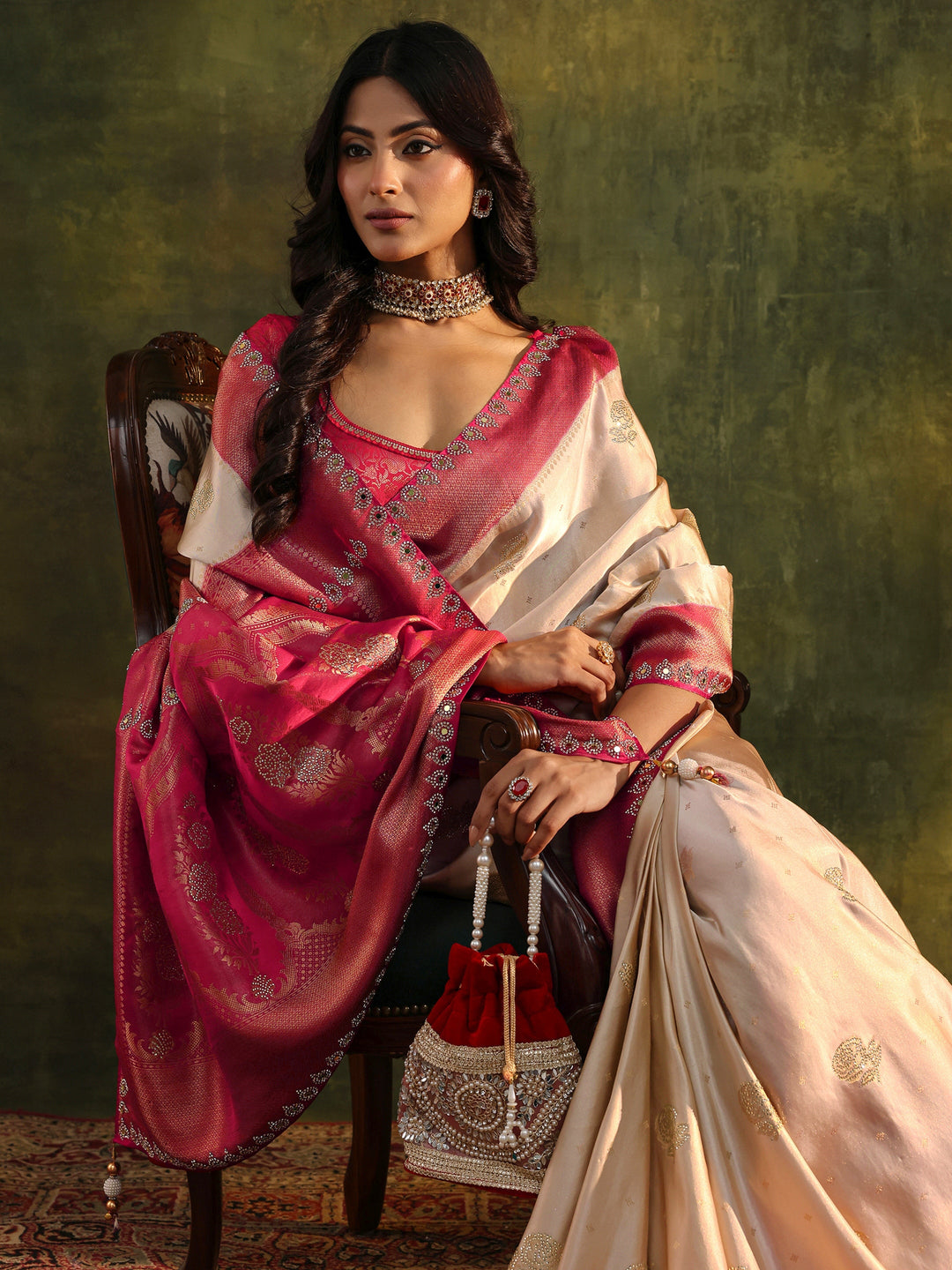 Libas Art Ivory Embellished  Silk Blend Saree With Unstitched Blouse Piece