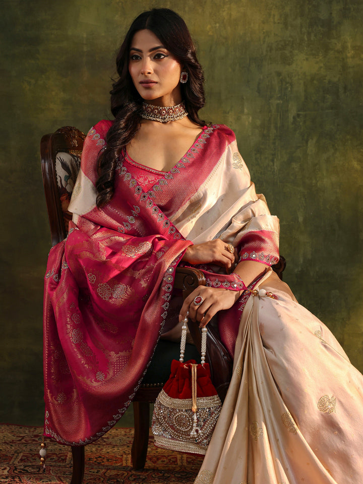 Libas Art Ivory Embellished  Silk Blend Saree With Unstitched Blouse Piece