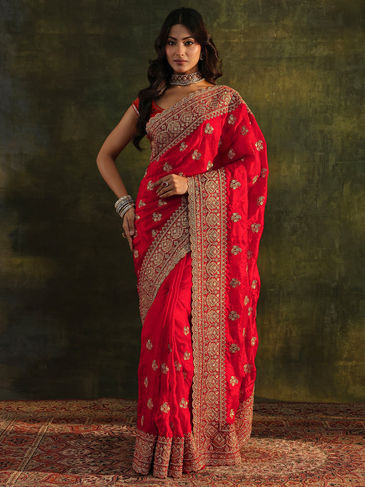 Libas Art Red Embellished Tissue Saree With Unstitched Blouse Piece
