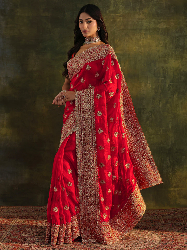 Libas Art Red Embellished Tissue Saree With Unstitched Blouse Piece