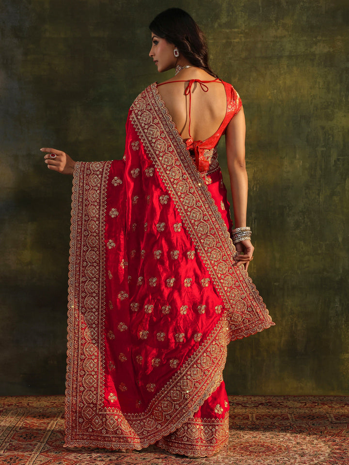 Libas Art Red Embellished Tissue Saree With Unstitched Blouse Piece