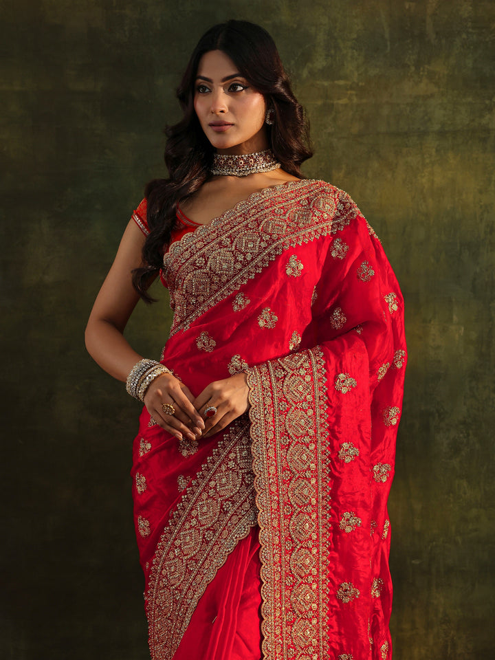 Libas Art Red Embellished Tissue Saree With Unstitched Blouse Piece