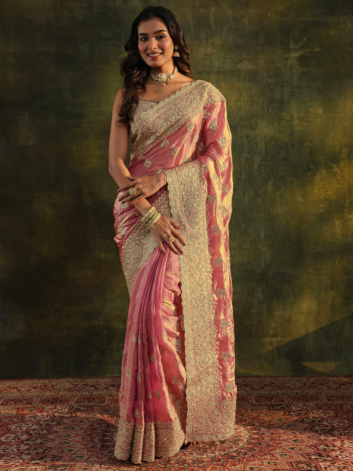 Libas Art Peach Embellished Tissue Saree With Unstitched Blouse Piece