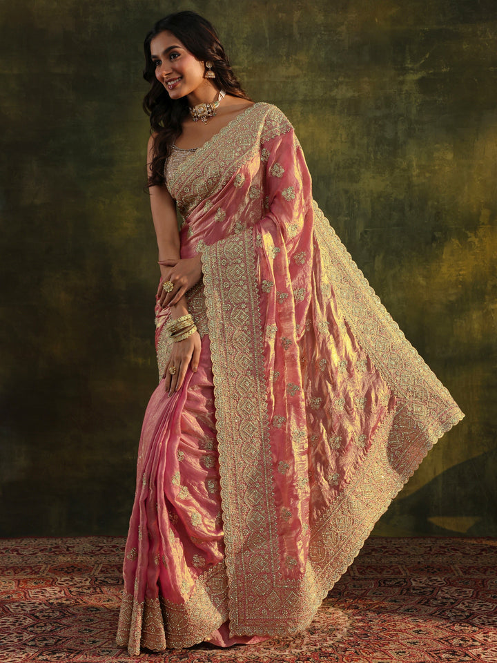 Libas Art Peach Embellished Tissue Saree With Unstitched Blouse Piece