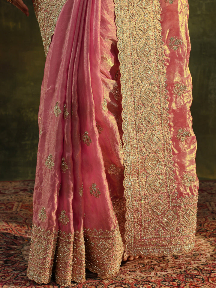 Libas Art Peach Embellished Tissue Saree With Unstitched Blouse Piece