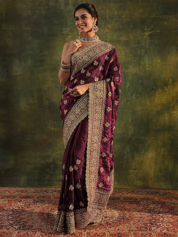 Libas Art Magenta Embellished Tissue Saree With Unstitched Blouse Piece