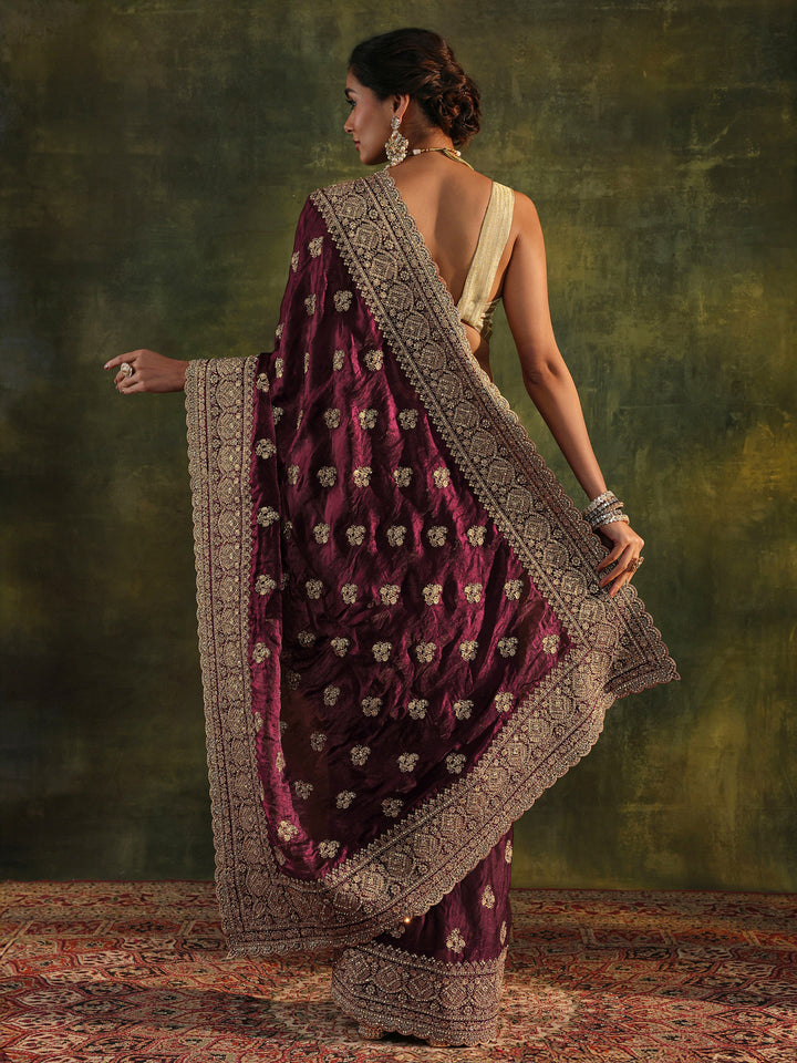 Libas Art Magenta Embellished Tissue Saree With Unstitched Blouse Piece