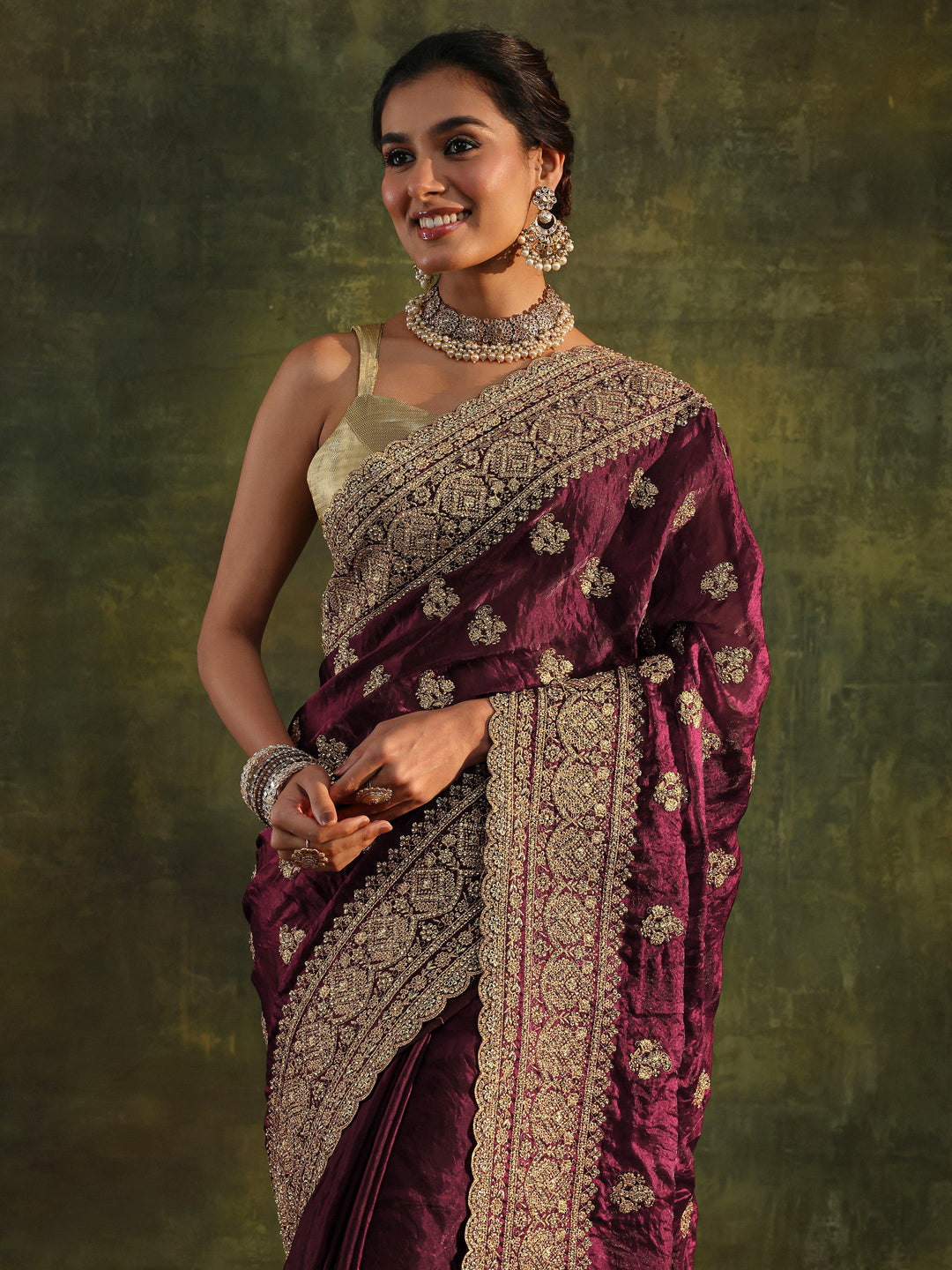 Libas Art Magenta Embellished Tissue Saree With Unstitched Blouse Piece
