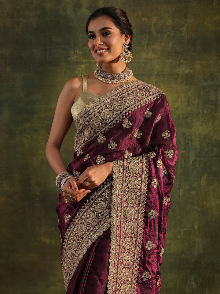 Libas Art Magenta Embellished Tissue Saree With Unstitched Blouse Piece