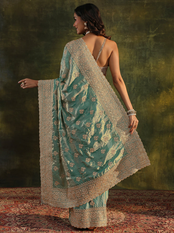 Libas Art Blue Embellished Tissue Saree With Unstitched Blouse Piece