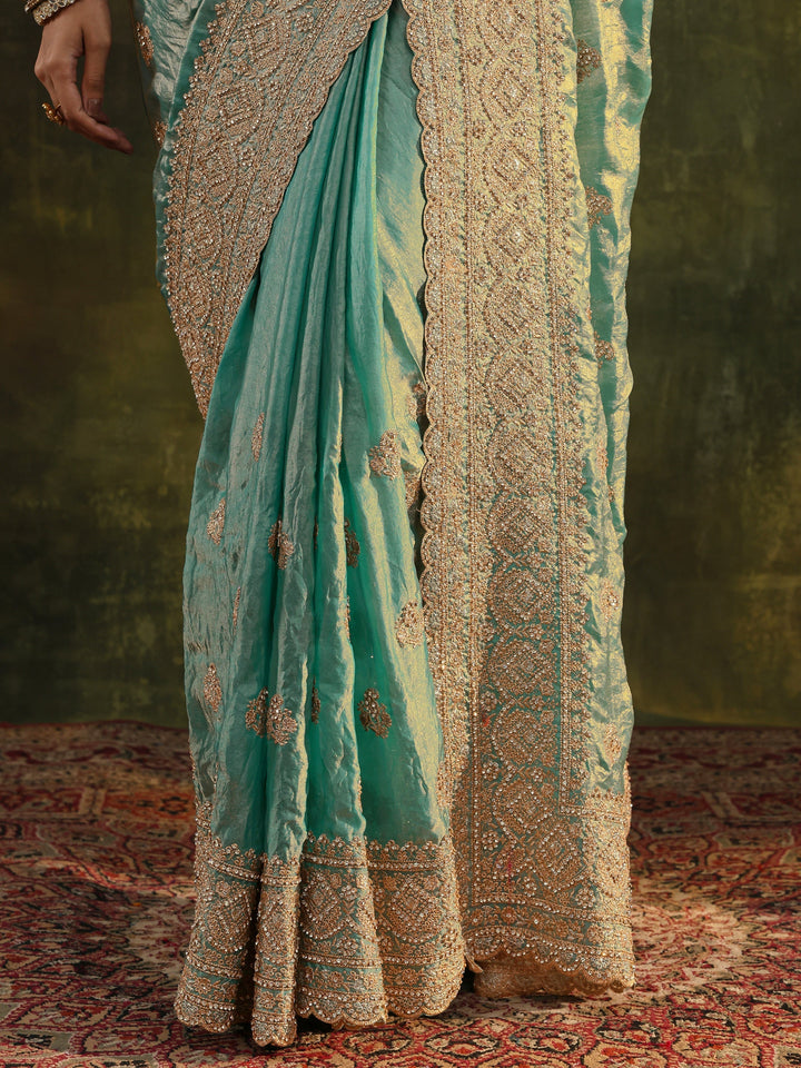 Libas Art Blue Embellished Tissue Saree With Unstitched Blouse Piece