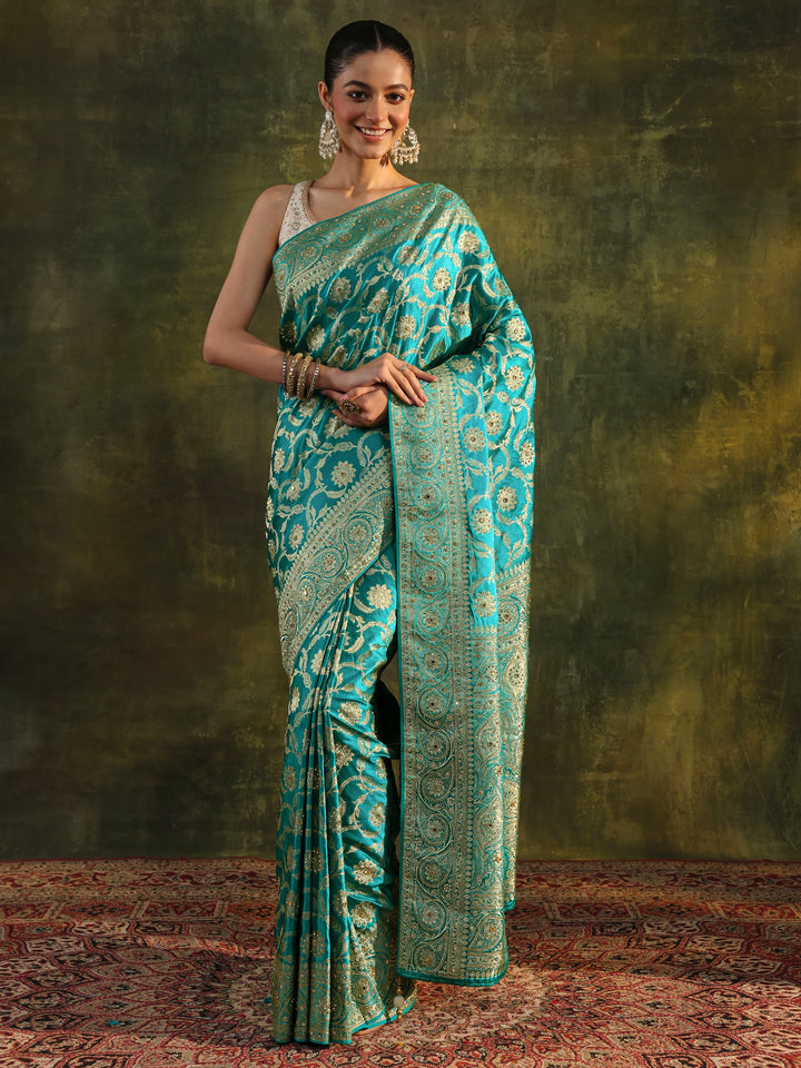 Libas Art Green Woven Design Silk Blend Banarasi Saree With Unstitched Blouse Piece