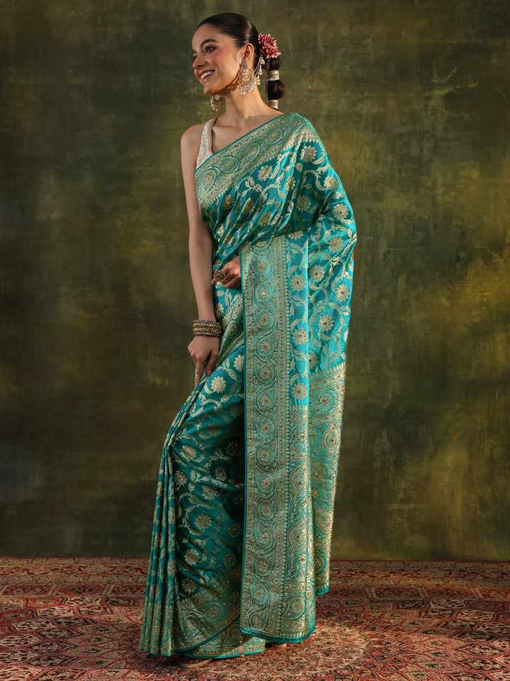 Libas Art Green Woven Design Silk Blend Banarasi Saree With Unstitched Blouse Piece
