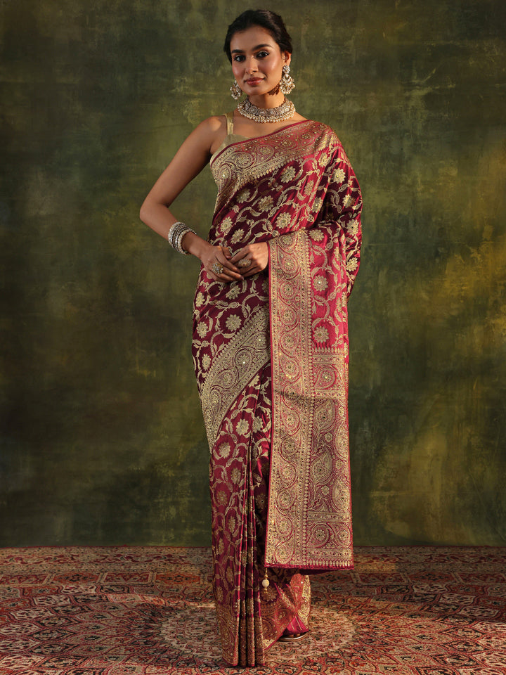 Libas Art Maroon Banarasi Silk Blend Saree With Unstitched Blouse Piece