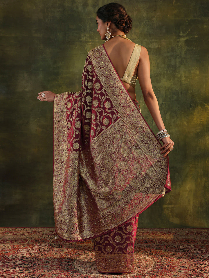 Libas Art Maroon Banarasi Silk Blend Saree With Unstitched Blouse Piece
