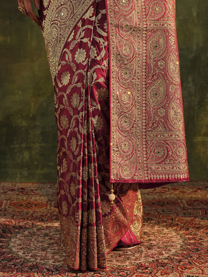 Libas Art Maroon Banarasi Silk Blend Saree With Unstitched Blouse Piece