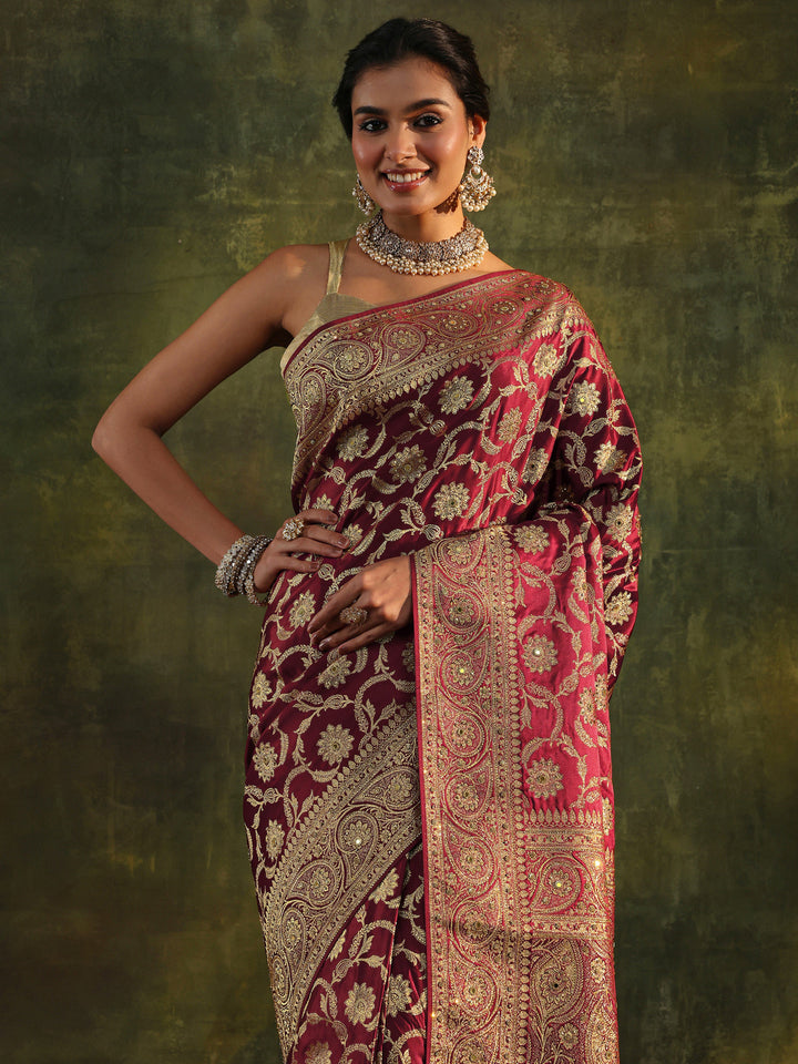 Libas Art Maroon Banarasi Silk Blend Saree With Unstitched Blouse Piece