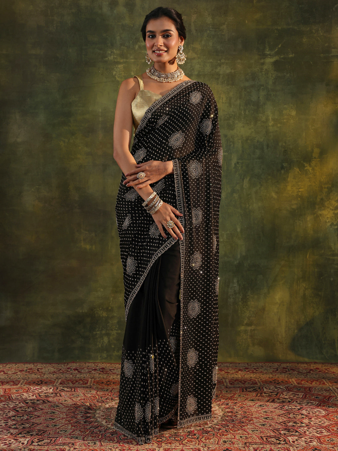 Libas Art Black Floral Embellished Satin Saree With Unstitched Blouse Piece