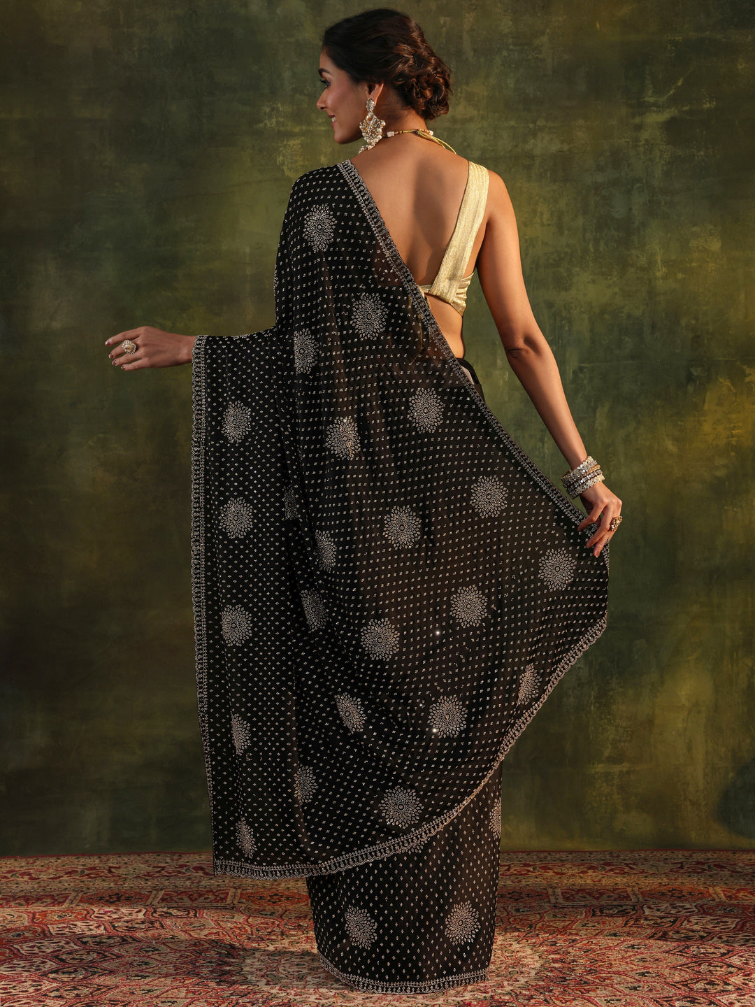 Libas Art Black Floral Embellished Satin Saree With Unstitched Blouse Piece