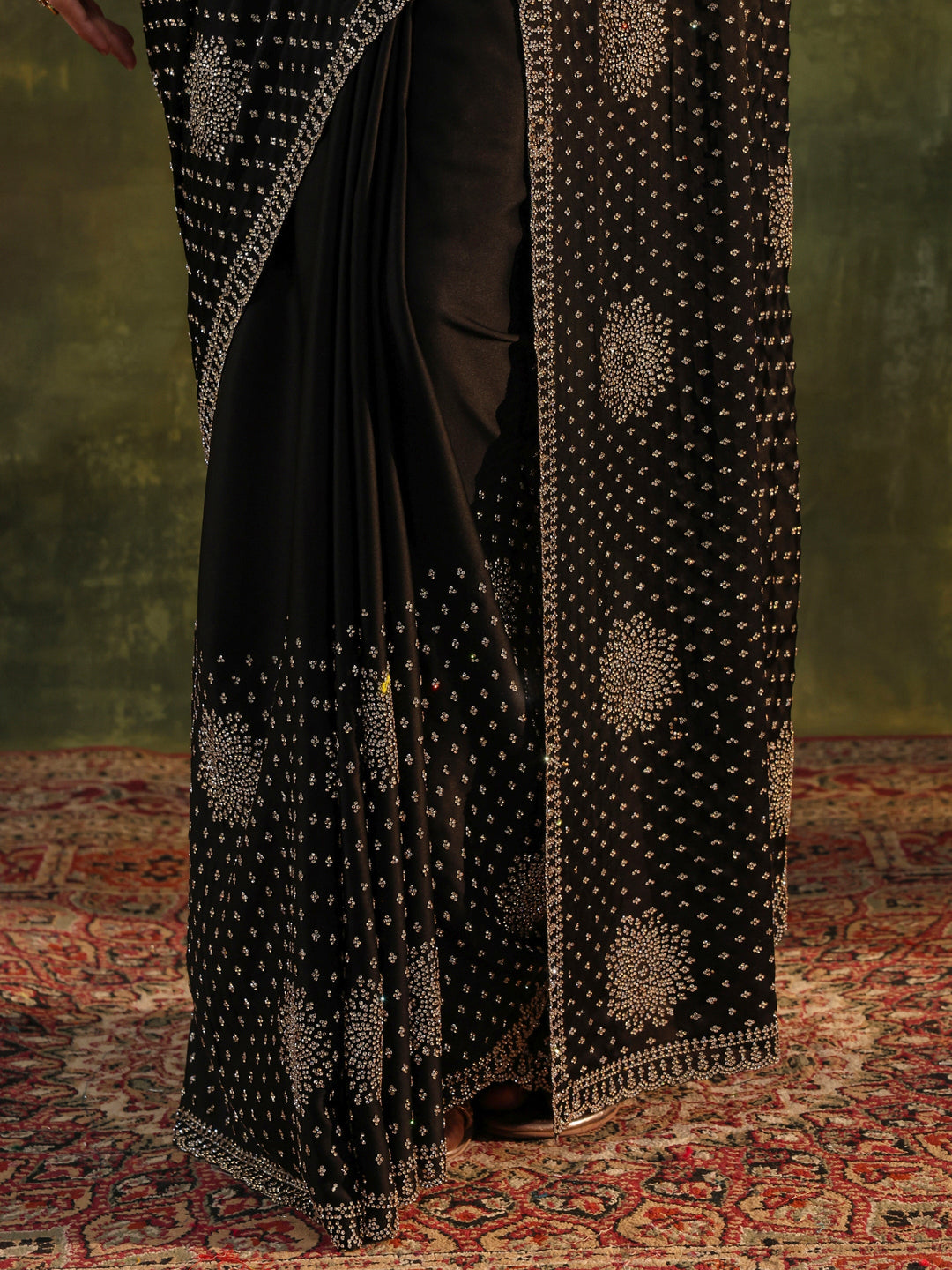 Libas Art Black Floral Embellished Satin Saree With Unstitched Blouse Piece