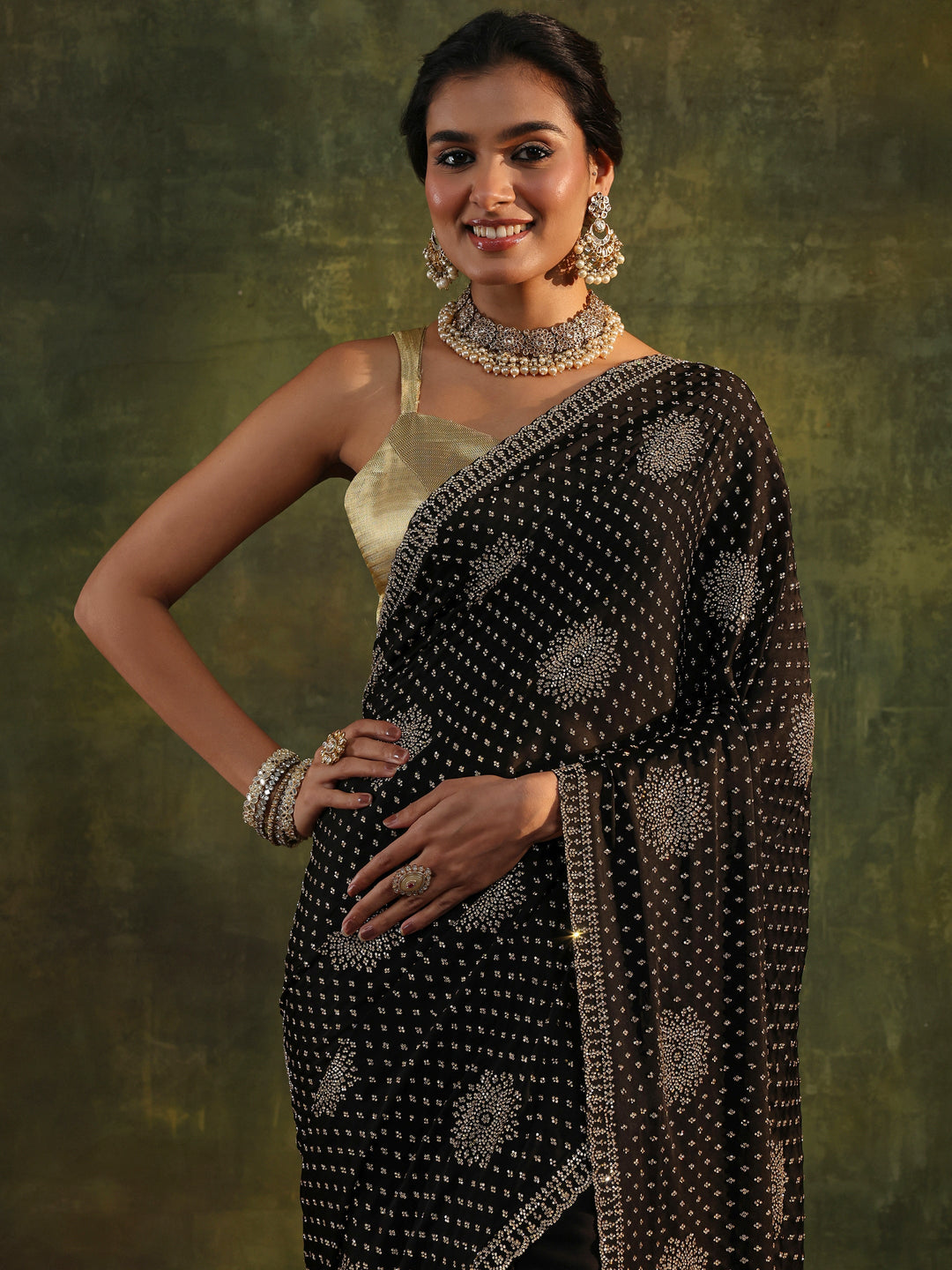 Libas Art Black Floral Embellished Satin Saree With Unstitched Blouse Piece