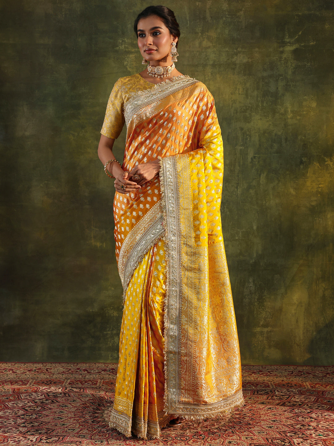 Libas Art Mustard Embellished Woven Design Silk Blend Saree With Unstitched Blouse Piece