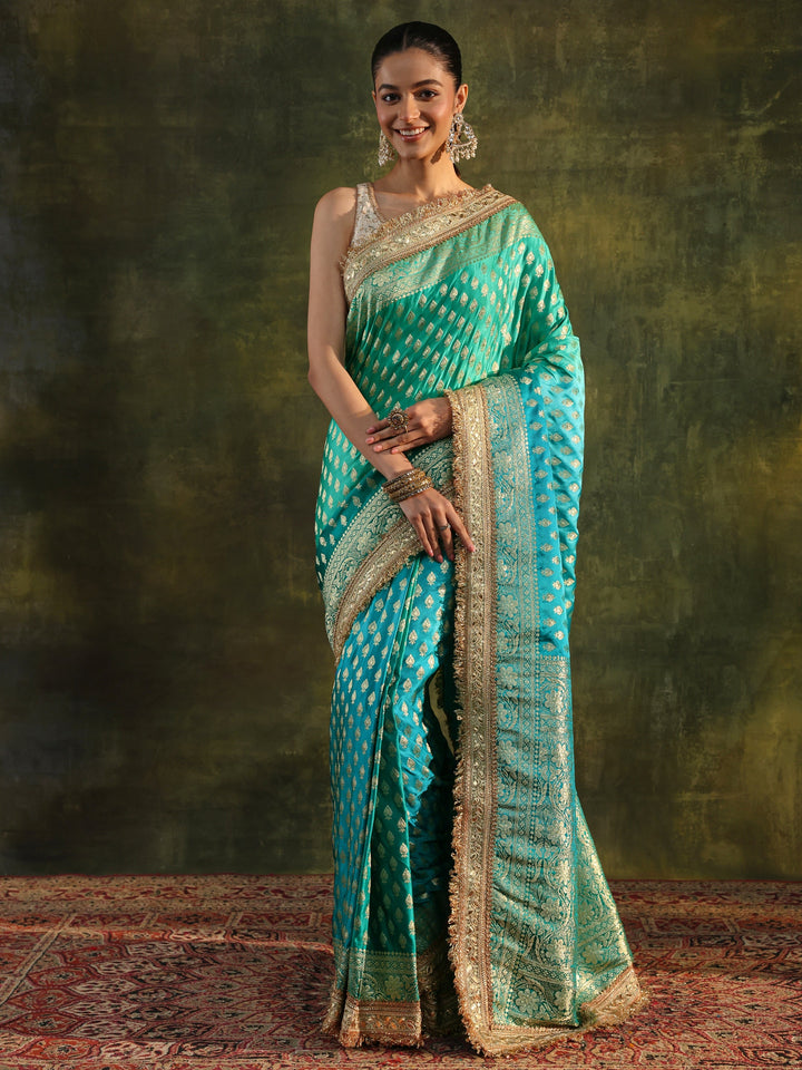 Libas Art Blue Woven Design Silk Blend Banarasi Saree With Unstitched Blouse Piece