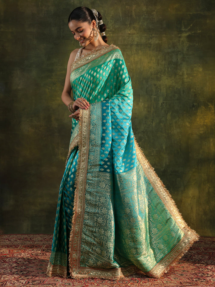 Libas Art Blue Woven Design Silk Blend Banarasi Saree With Unstitched Blouse Piece