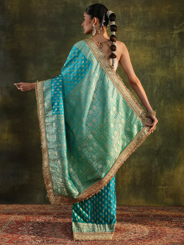 Libas Art Blue Woven Design Silk Blend Banarasi Saree With Unstitched Blouse Piece
