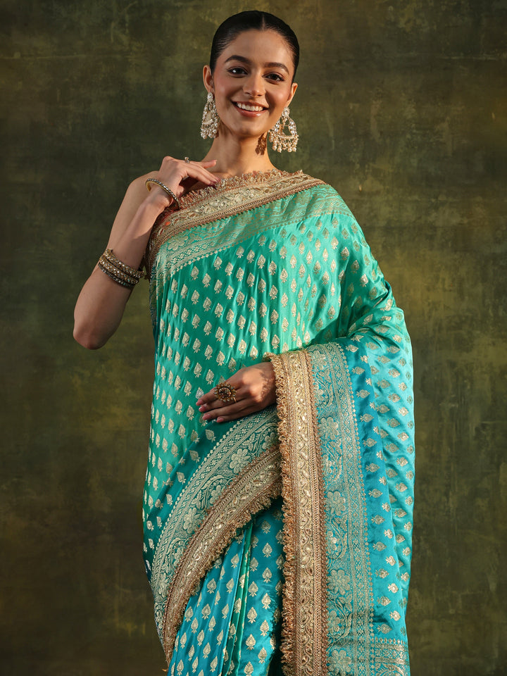 Libas Art Blue Woven Design Silk Blend Banarasi Saree With Unstitched Blouse Piece
