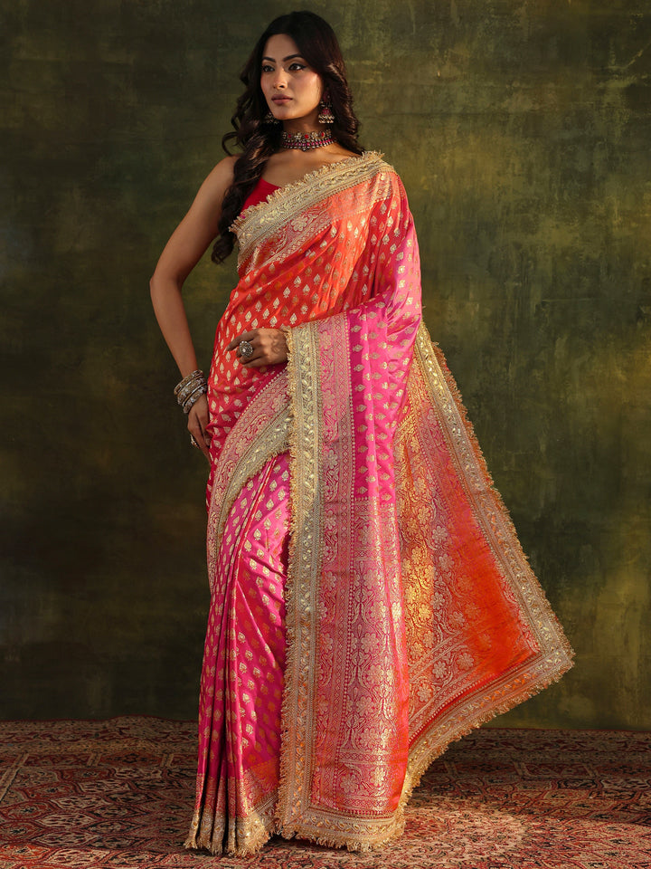 Libas Art Pink Banarasi Silk Blend Saree With Unstitched Blouse Piece