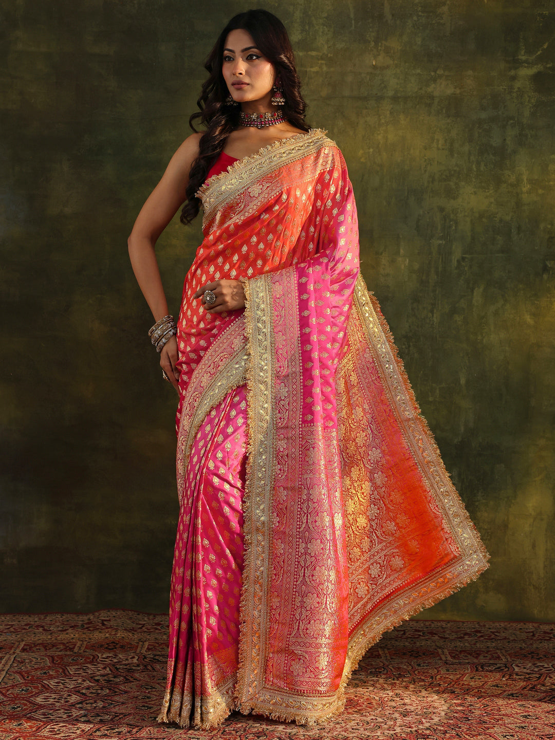 Libas Art Pink Banarasi Silk Blend Saree With Unstitched Blouse Piece