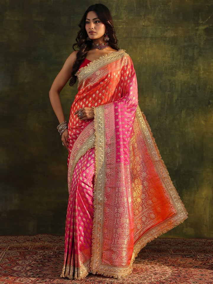 Libas Art Pink Banarasi Silk Blend Saree With Unstitched Blouse Piece