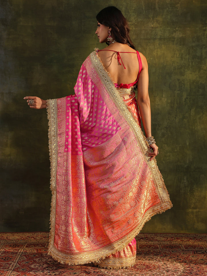 Libas Art Pink Banarasi Silk Blend Saree With Unstitched Blouse Piece