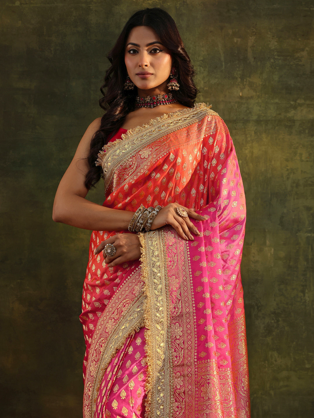 Libas Art Pink Banarasi Silk Blend Saree With Unstitched Blouse Piece