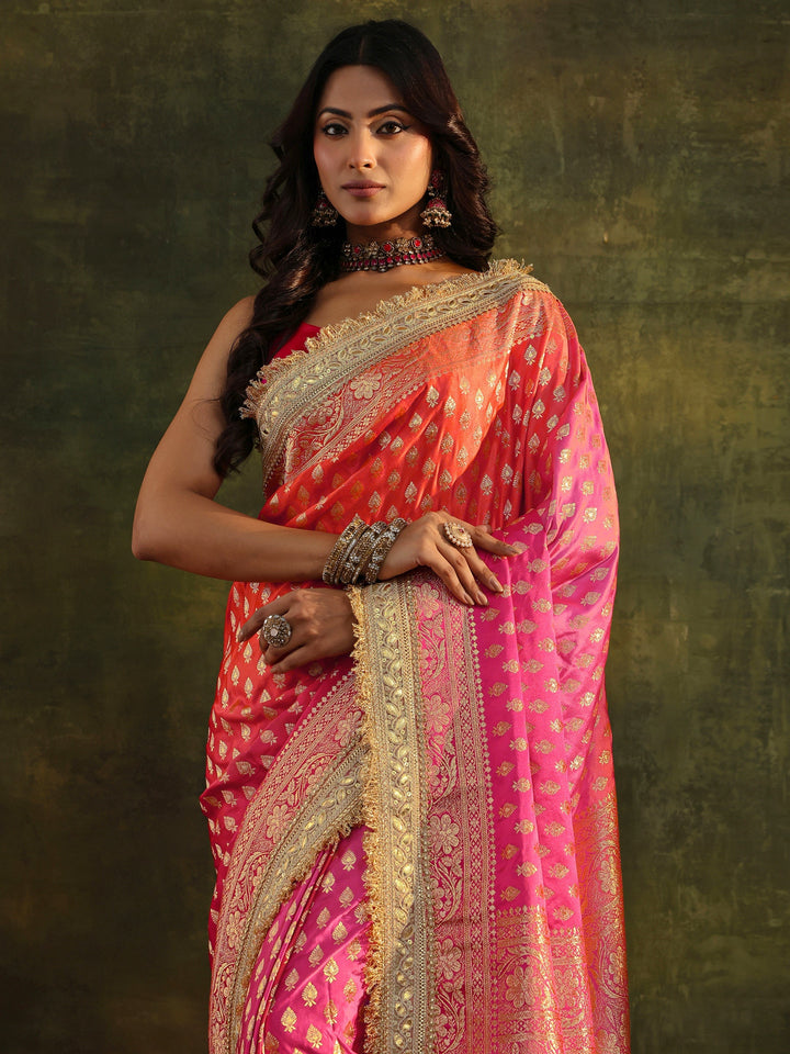 Libas Art Pink Banarasi Silk Blend Saree With Unstitched Blouse Piece