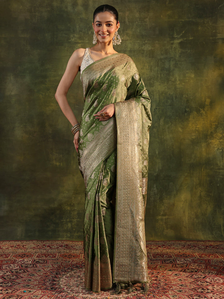 Green Woven Design Satin Banarasi Saree With Unstitched Blouse Piece