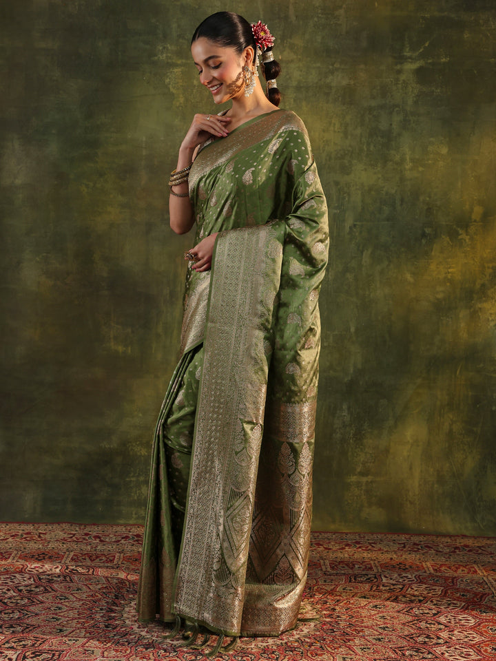 Green Woven Design Satin Banarasi Saree With Unstitched Blouse Piece