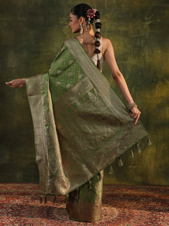 Green Woven Design Satin Banarasi Saree With Unstitched Blouse Piece