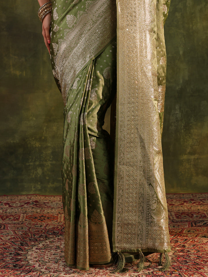 Green Woven Design Satin Banarasi Saree With Unstitched Blouse Piece