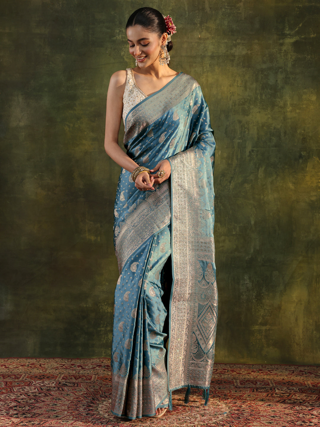 Blue Woven Design Satin Banarasi Saree With Unstitched Blouse Piece