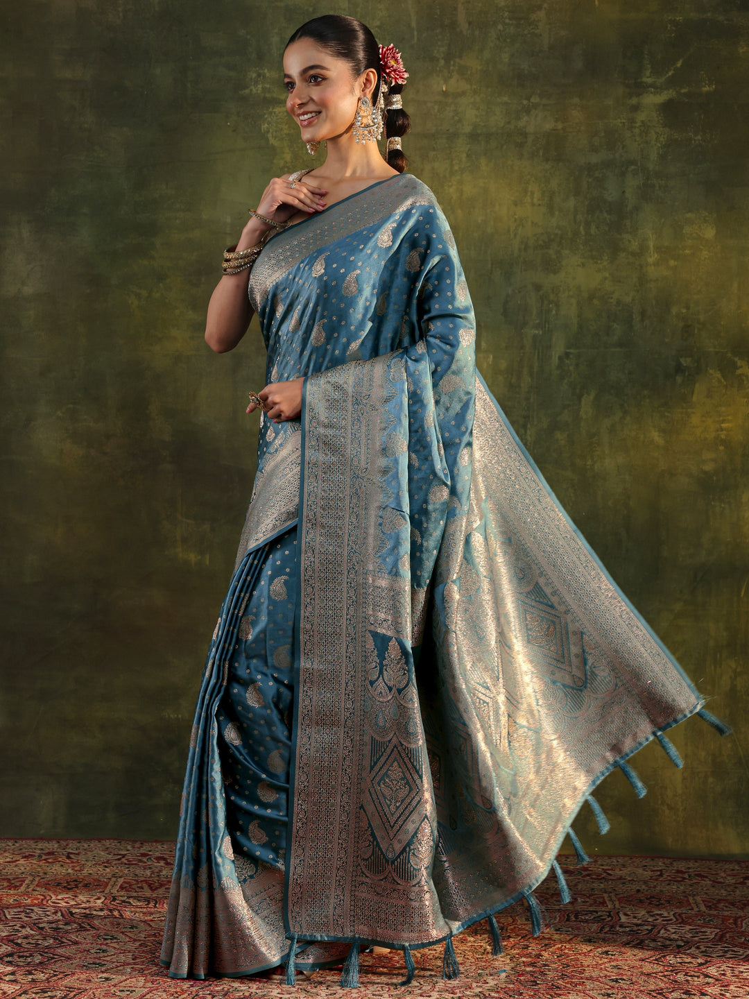Blue Woven Design Satin Banarasi Saree With Unstitched Blouse Piece