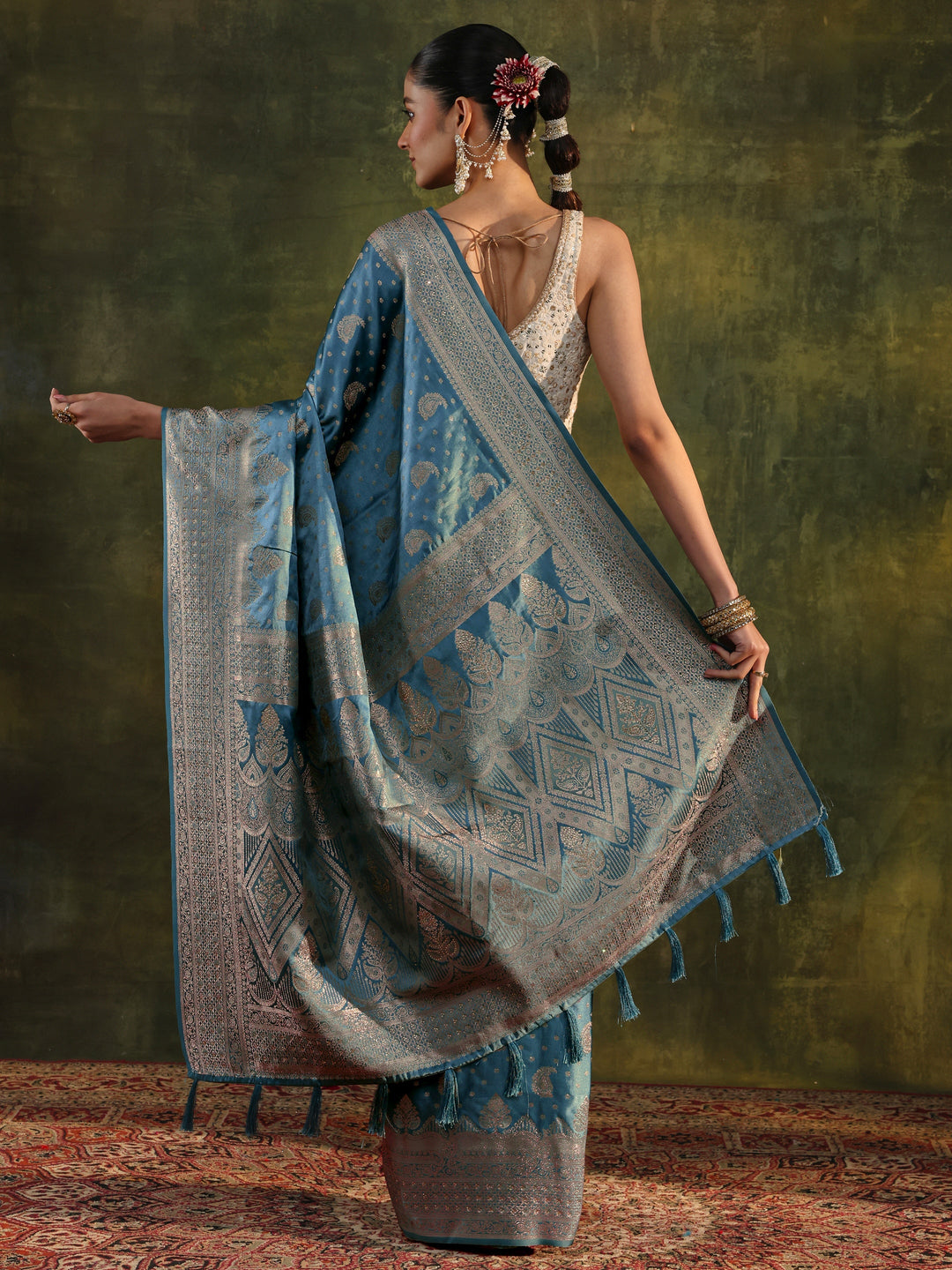 Blue Woven Design Satin Banarasi Saree With Unstitched Blouse Piece
