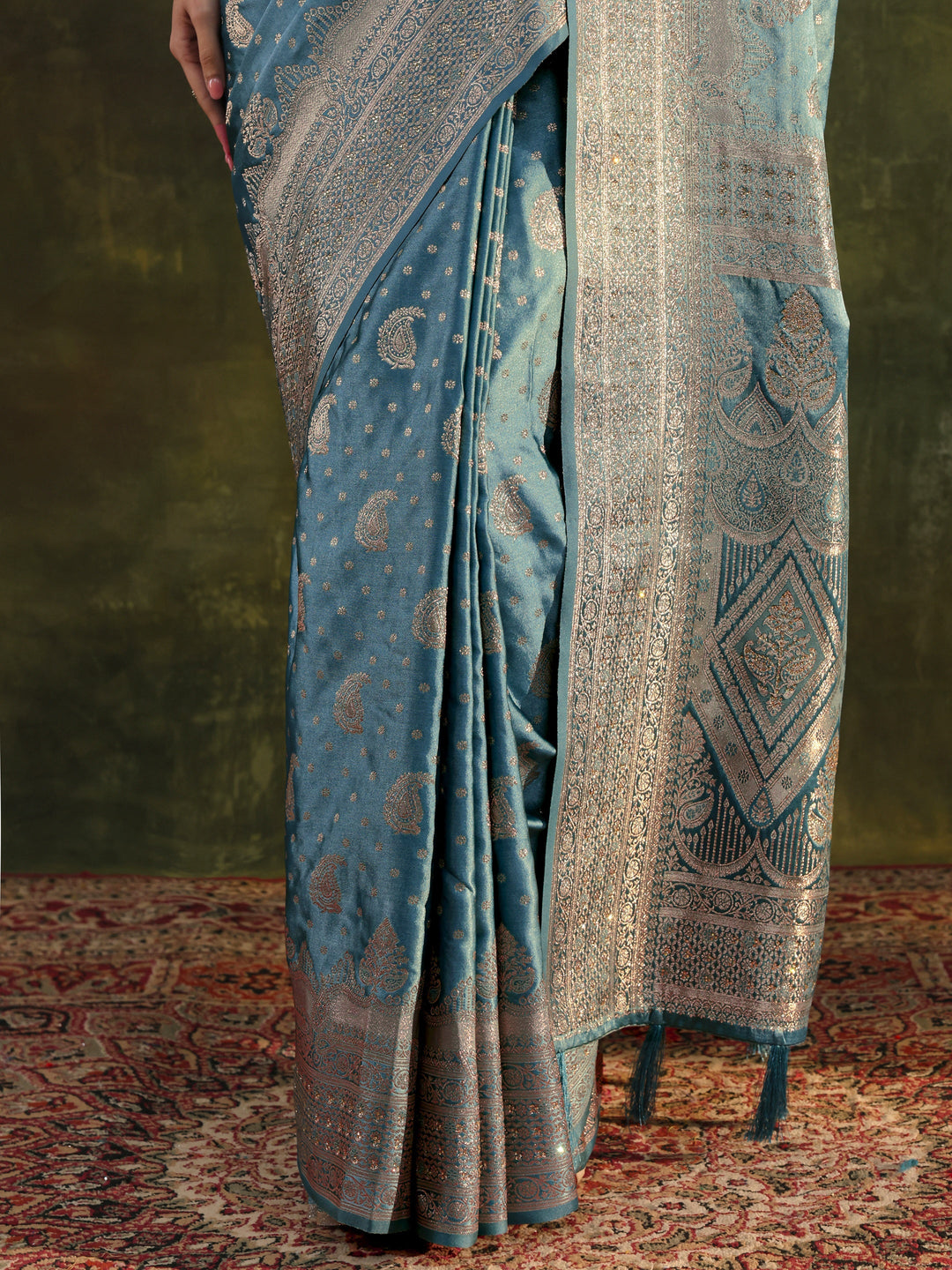 Blue Woven Design Satin Banarasi Saree With Unstitched Blouse Piece