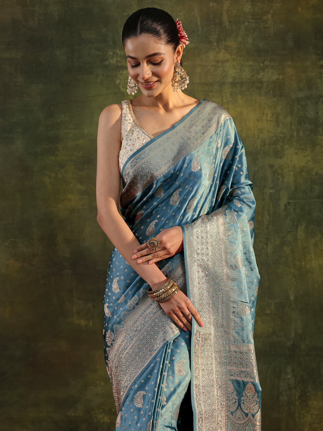 Blue Woven Design Satin Banarasi Saree With Unstitched Blouse Piece