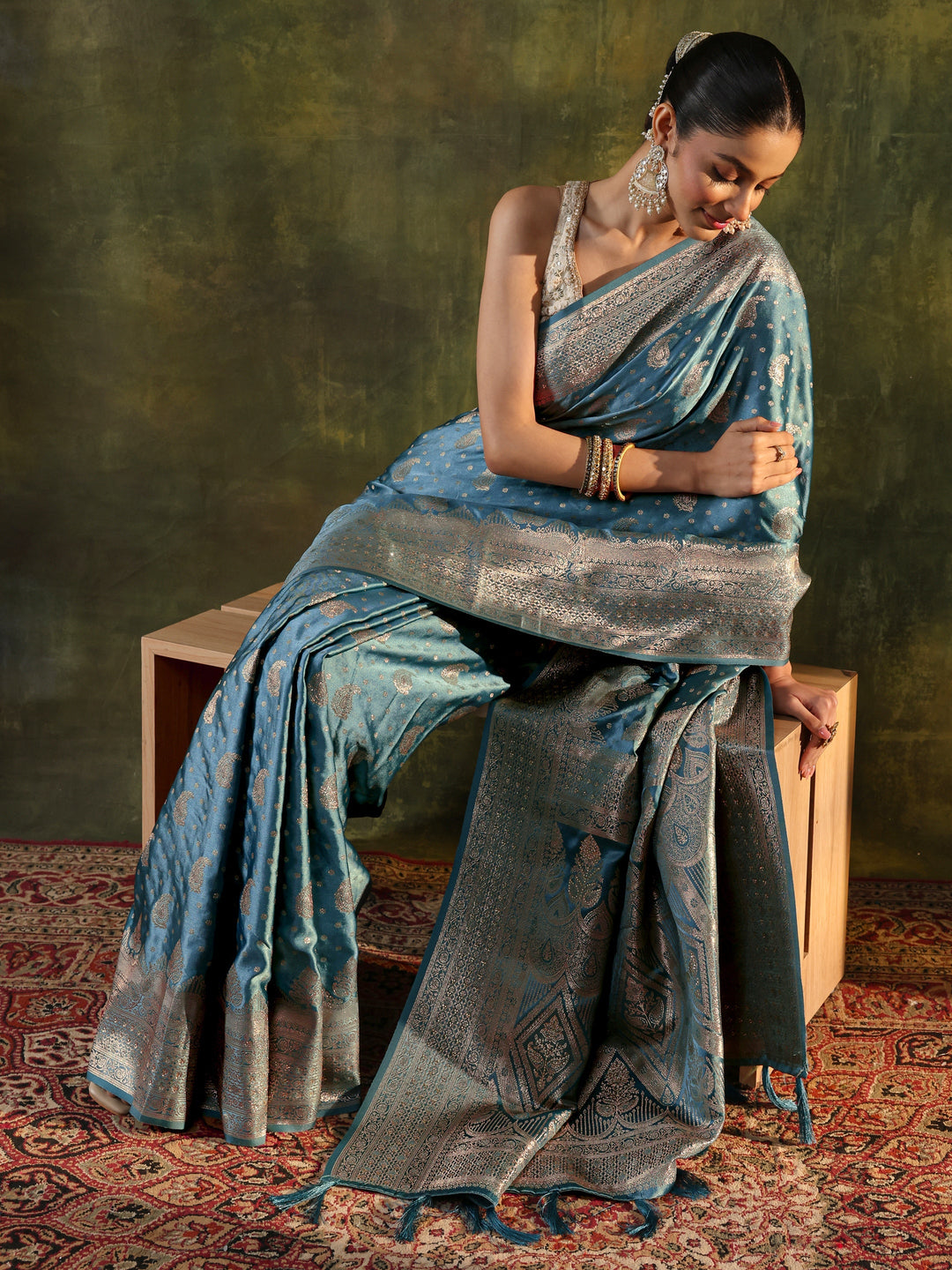 Blue Woven Design Satin Banarasi Saree With Unstitched Blouse Piece
