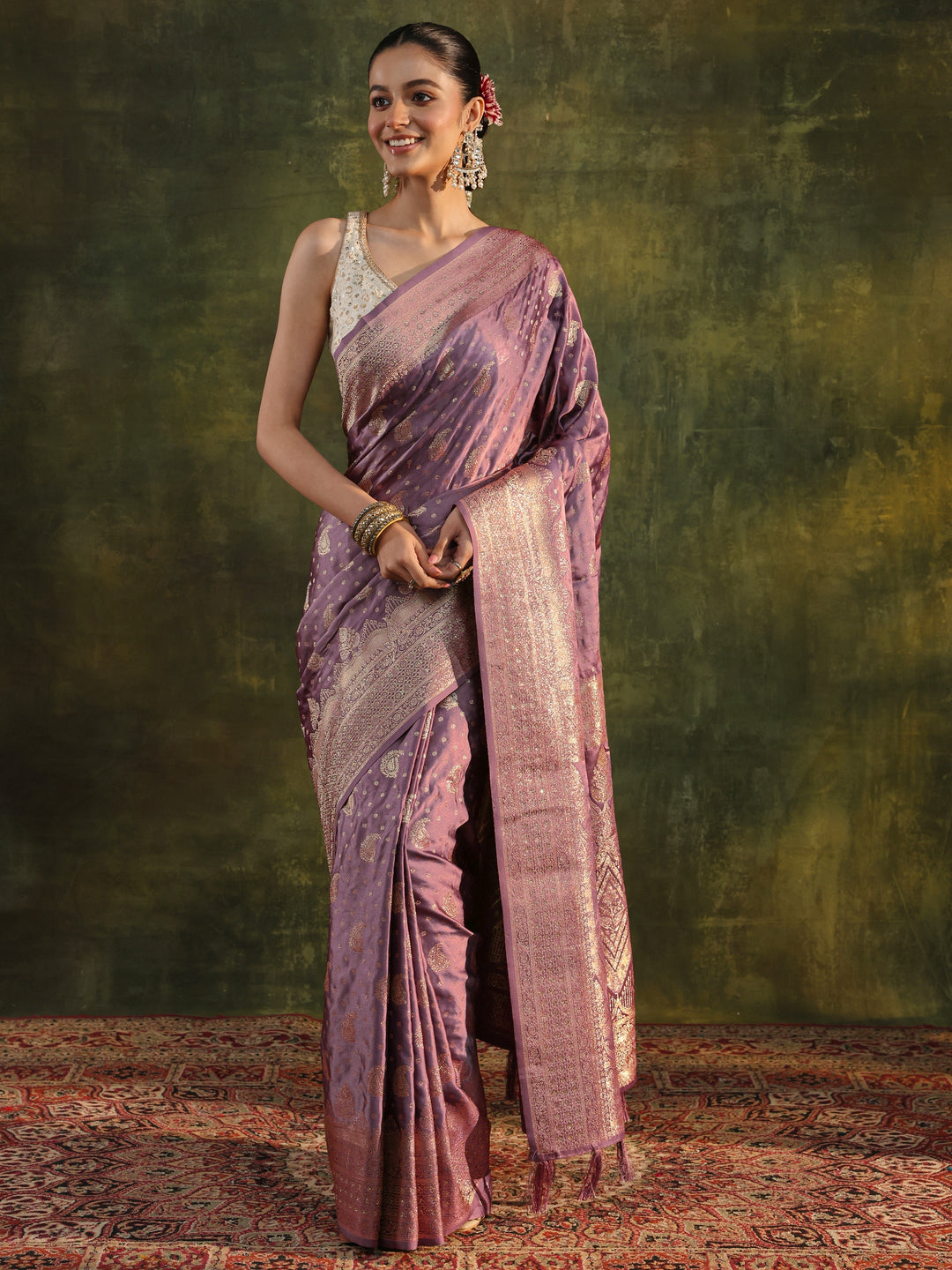 Purple Woven Design Satin Banarasi Saree With Unstitched Blouse Piece